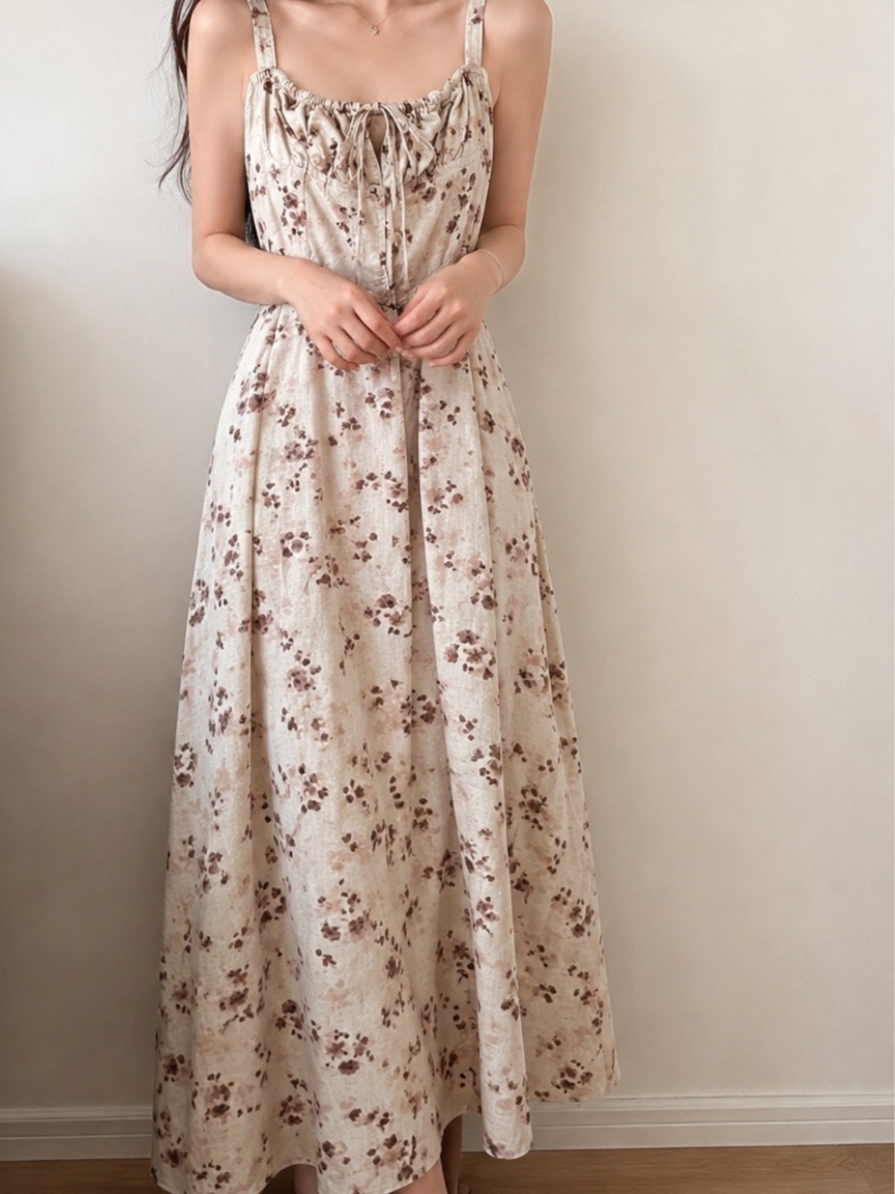 Sim & Sam Floral Tie-Front Sundress in Cream and Light Brown floral
